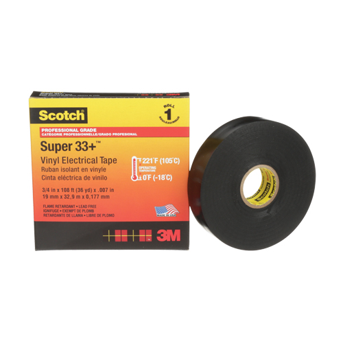 Ruban isolant en vinyle Super 33+ Scotch, 19 mm (3/4") x 33 m (108'), Noir, 7 mils Fastek