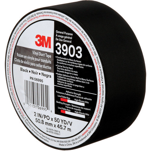 Rubans adh&eacute;sifs en vinyle 3903, 48 mm (2") la x 45 m (148') lo, 6,5 mils, Noir Fastek