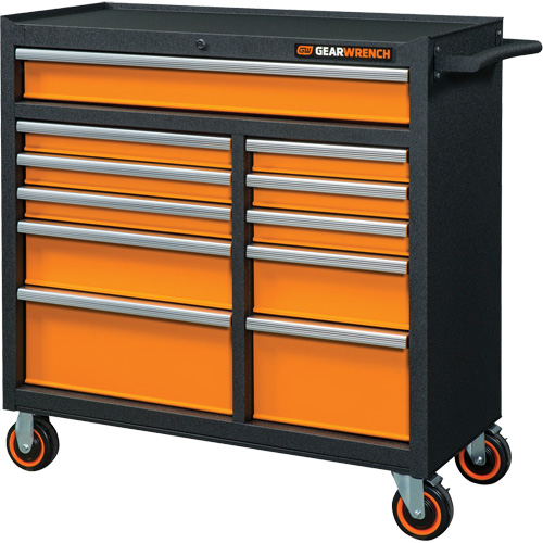 GSX Series Rolling Tool Cabinet, 11 Drawers, 41" W x 18-1/5" D x 41-1/2" H, Black/Orange Fastek