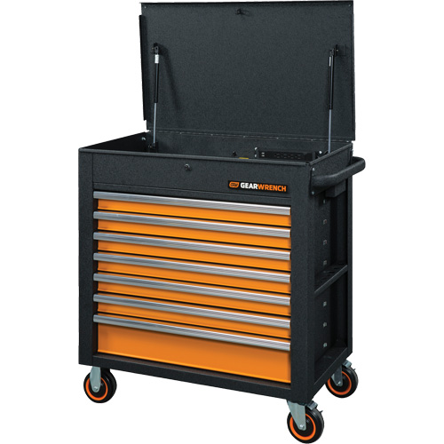 Chariot &agrave; outils s&eacute;rie GSX avec dessus inclin&eacute;, 7 tiroirs, 35" lo x 20" la x 39" h, Noir/Orange Fastek