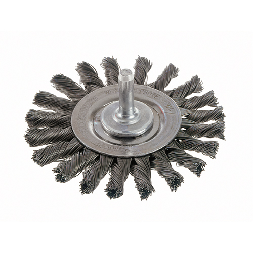 Knot Wire Wheel Brushes - Standard Twist Knot with 1/4" Shank, 4" Dia., 0.014" Fill, Steel Fastek
