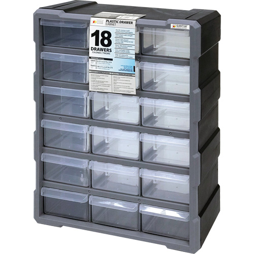 Drawer Cabinet, Plastic, 18 Drawers, 15" x 6-1/4" x 18-3/4", Black Fastek