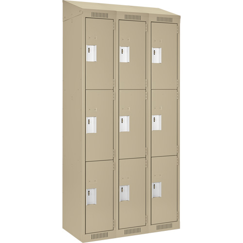 Clean Line Lockers, 3 -tier, Bank of 3, 36" x 18" x 78", Steel, Beige, Rivet (Assembled) Fastek