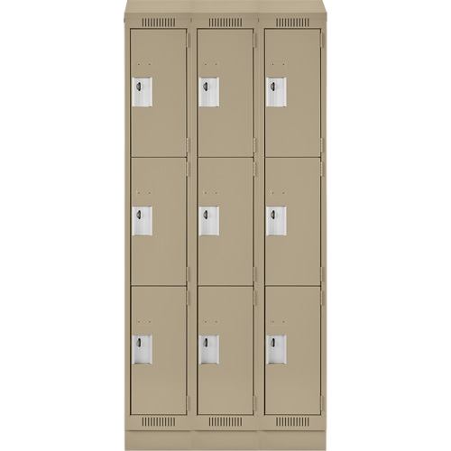 Clean Line Lockers, 3 -tier, Bank of 3, 36" x 18" x 82", Steel, Beige, Rivet (Assembled) Fastek