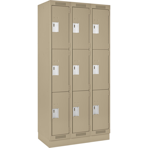 Clean Line Lockers, 3 -tier, Bank of 3, 36" x 18" x 76", Steel, Beige, Rivet (Assembled) Fastek