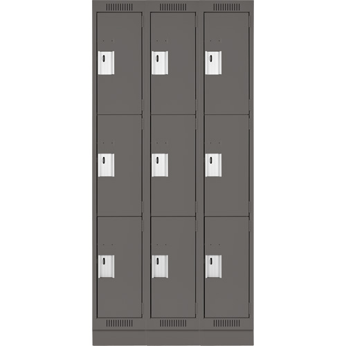 Clean Line Lockers, 3 -tier, Bank of 3, 36" x 18" x 76", Steel, Charcoal, Rivet (Assembled) Fastek