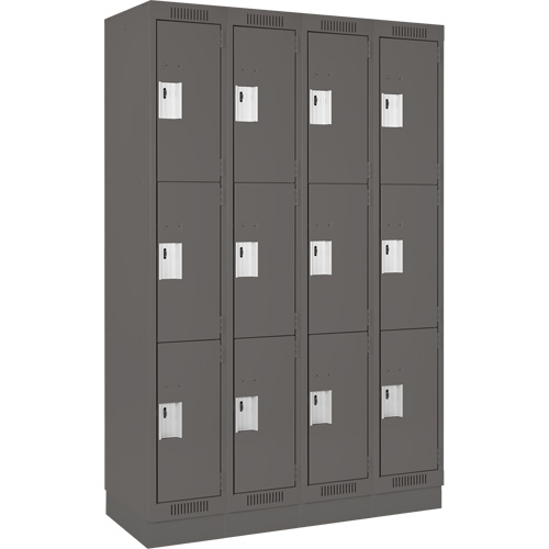 Clean Line Lockers, 3 -tier, Bank of 4, 48" x 18" x 76", Steel, Charcoal, Rivet (Assembled) Fastek