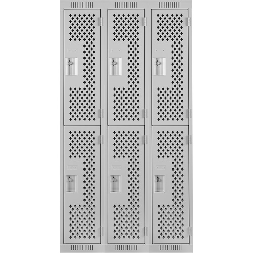 Clean Line Lockers, 2 -tier, Bank of 3, 36" x 15" x 72", Steel, Grey, Rivet (Assembled), Perforated Fastek