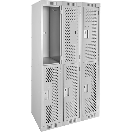 Clean Line Lockers, 2 -tier, Bank of 3, 36" x 15" x 72", Steel, Grey, Rivet (Assembled), Perforated Fastek