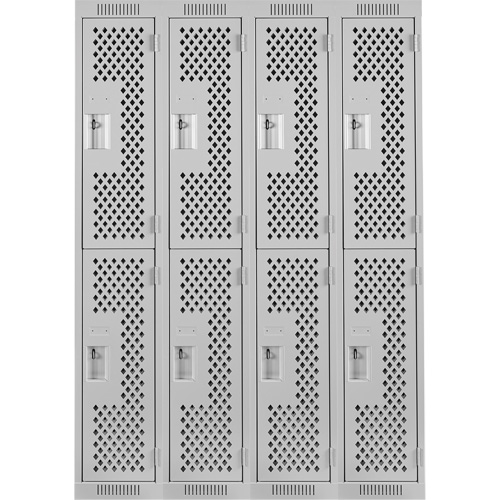 Clean Line Lockers, 2 -tier, Bank of 4, 48" x 15" x 72", Steel, Grey, Rivet (Assembled), Perforated Fastek
