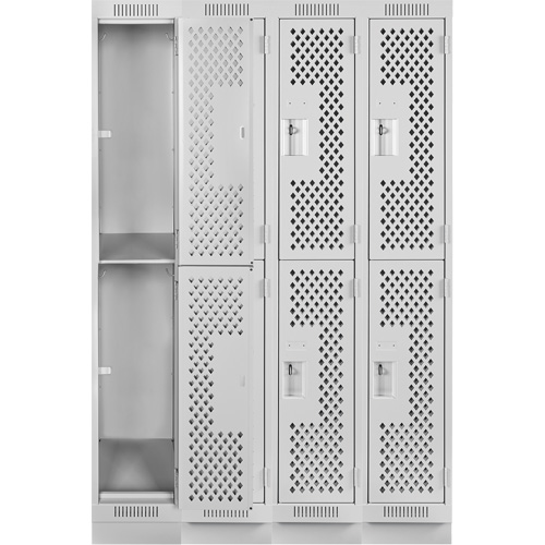Clean Line Lockers, 2 -tier, Bank of 4, 48" x 15" x 76", Steel, Grey, Rivet (Assembled), Perforated Fastek