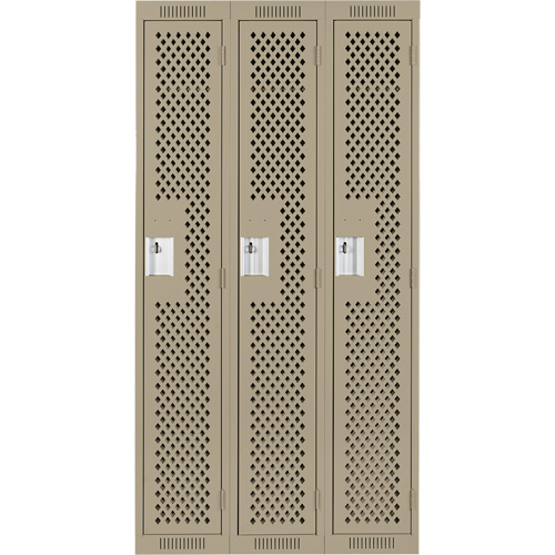 Clean Line Lockers, Bank of 3, 36" x 15" x 72", Steel, Beige, Rivet (Assembled), Perforated Fastek