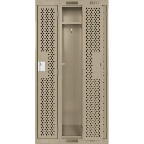 Clean Line Lockers, Bank of 3, 36" x 15" x 72", Steel, Beige, Rivet (Assembled), Perforated Fastek