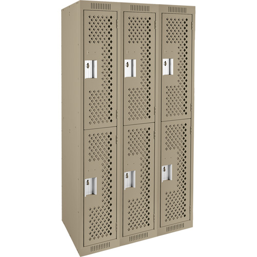 Clean Line Lockers, 2 -tier, Bank of 3, 36" x 15" x 72", Steel, Beige, Rivet (Assembled), Perforated Fastek