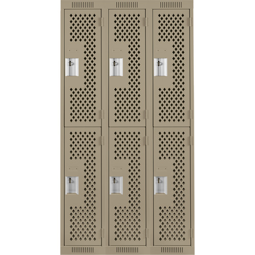 Clean Line Lockers, 2 -tier, Bank of 3, 36" x 15" x 72", Steel, Beige, Rivet (Assembled), Perforated Fastek