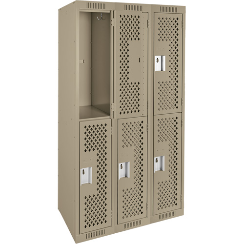 Clean Line Lockers, 2 -tier, Bank of 3, 36" x 15" x 72", Steel, Beige, Rivet (Assembled), Perforated Fastek