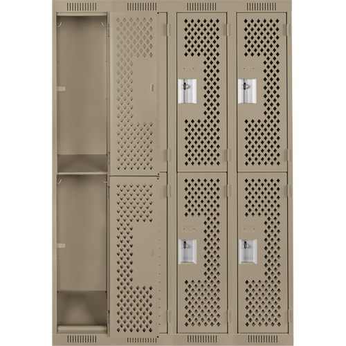Clean Line Lockers, 2 -tier, Bank of 4, 48" x 15" x 72", Steel, Beige, Rivet (Assembled), Perforated Fastek