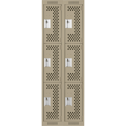 Clean Line Lockers, 3 -tier, Bank of 2, 24" x 12" x 72", Steel, Beige, Rivet (Assembled), Perforated Fastek