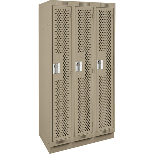 Clean Line Lockers, Bank of 3, 36" x 15" x 76", Steel, Beige, Rivet (Assembled), Perforated Fastek