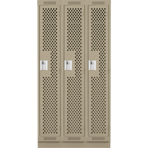 Clean Line Lockers, Bank of 3, 36" x 15" x 76", Steel, Beige, Rivet (Assembled), Perforated Fastek