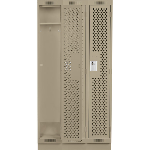 Clean Line Lockers, Bank of 3, 36" x 15" x 76", Steel, Beige, Rivet (Assembled), Perforated Fastek