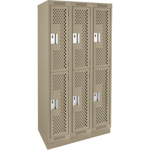 Clean Line Lockers, 2 -tier, Bank of 3, 36" x 15" x 76", Steel, Beige, Rivet (Assembled), Perforated Fastek