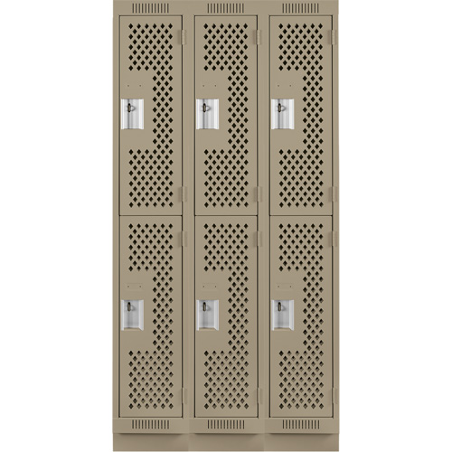 Clean Line Lockers, 2 -tier, Bank of 3, 36" x 15" x 76", Steel, Beige, Rivet (Assembled), Perforated Fastek