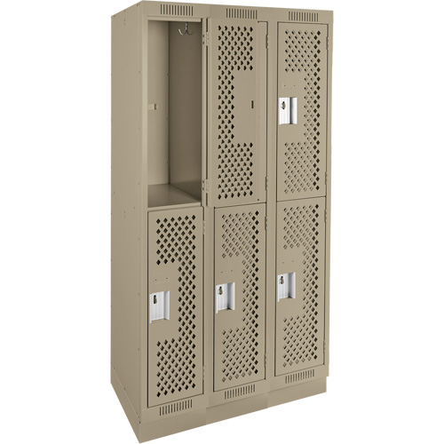 Clean Line Lockers, 2 -tier, Bank of 3, 36" x 15" x 76", Steel, Beige, Rivet (Assembled), Perforated Fastek