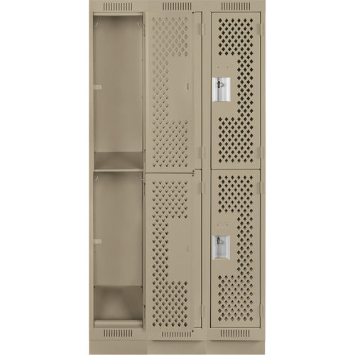Clean Line Lockers, 2 -tier, Bank of 3, 36" x 15" x 76", Steel, Beige, Rivet (Assembled), Perforated Fastek