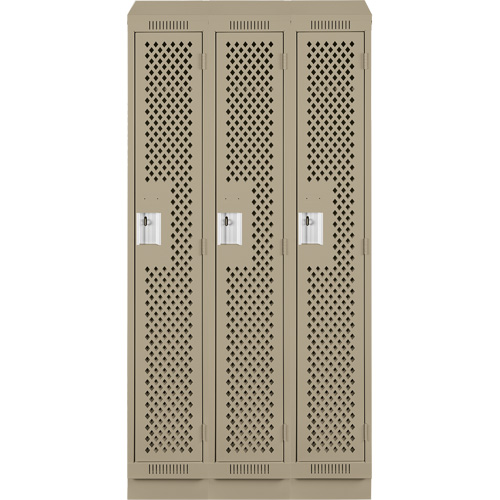 Clean Line Lockers, Bank of 3, 36" x 12" x 82", Steel, Beige, Rivet (Assembled), Perforated Fastek