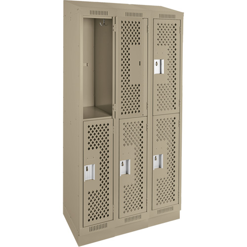 Clean Line Lockers, 2 -tier, Bank of 3, 36" x 18" x 82", Steel, Beige, Rivet (Assembled), Perforated Fastek