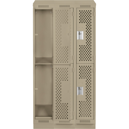 Clean Line Lockers, 2 -tier, Bank of 3, 36" x 18" x 82", Steel, Beige, Rivet (Assembled), Perforated Fastek