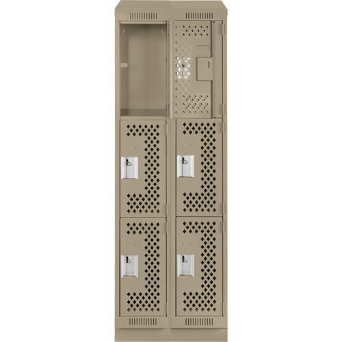 Clean Line Lockers, 3 -tier, Bank of 2, 24" x 15" x 82", Steel, Beige, Rivet (Assembled), Perforated Fastek