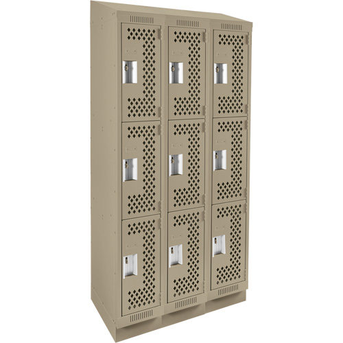 Clean Line Lockers, 3 -tier, Bank of 3, 36" x 15" x 82", Steel, Beige, Rivet (Assembled), Perforated Fastek