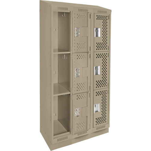 Clean Line Lockers, 3 -tier, Bank of 3, 36" x 15" x 82", Steel, Beige, Rivet (Assembled), Perforated Fastek