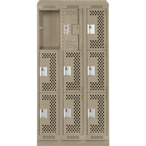 Clean Line Lockers, 3 -tier, Bank of 3, 36" x 15" x 82", Steel, Beige, Rivet (Assembled), Perforated Fastek