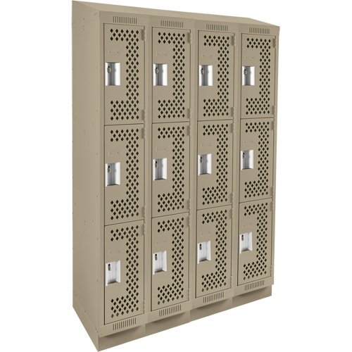 Clean Line Lockers, 3 -tier, Bank of 4, 48" x 15" x 82", Steel, Beige, Rivet (Assembled), Perforated Fastek