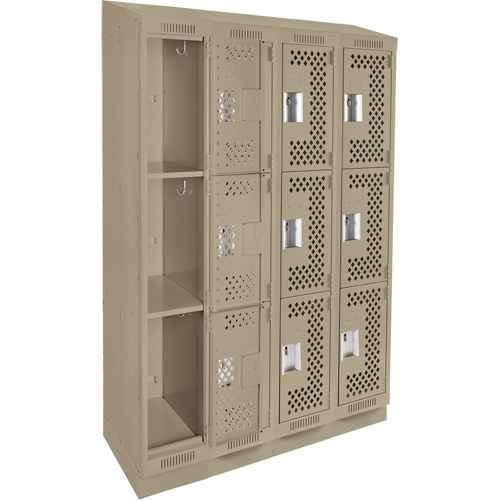 Clean Line Lockers, 3 -tier, Bank of 4, 48" x 15" x 82", Steel, Beige, Rivet (Assembled), Perforated Fastek