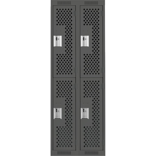 Clean Line Lockers, 2 -tier, Bank of 2, 24" x 15" x 72", Steel, Charcoal, Rivet (Assembled), Perforated Fastek