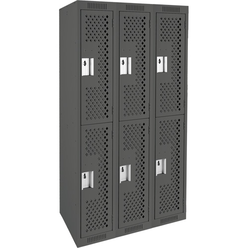 Clean Line Lockers, 2 -tier, Bank of 3, 36" x 15" x 72", Steel, Charcoal, Rivet (Assembled), Perforated Fastek
