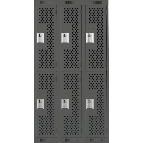 Clean Line Lockers, 2 -tier, Bank of 3, 36" x 15" x 72", Steel, Charcoal, Rivet (Assembled), Perforated Fastek