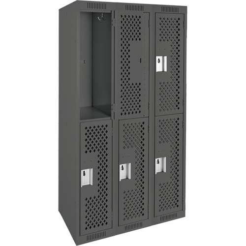Clean Line Lockers, 2 -tier, Bank of 3, 36" x 15" x 72", Steel, Charcoal, Rivet (Assembled), Perforated Fastek