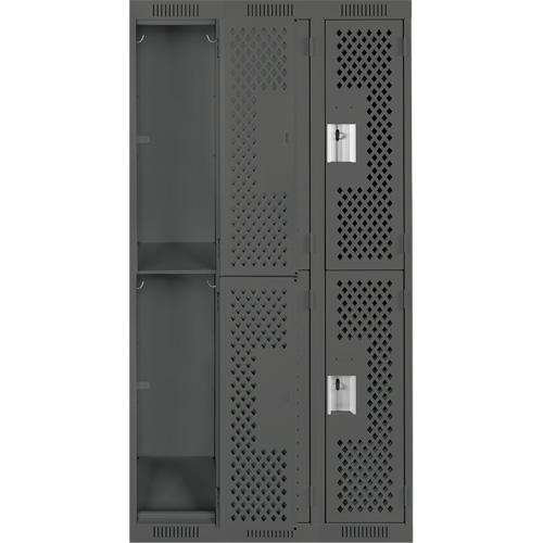 Clean Line Lockers, 2 -tier, Bank of 3, 36" x 15" x 72", Steel, Charcoal, Rivet (Assembled), Perforated Fastek