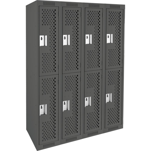 Clean Line Lockers, 2 -tier, Bank of 4, 48" x 15" x 72", Steel, Charcoal, Rivet (Assembled), Perforated Fastek