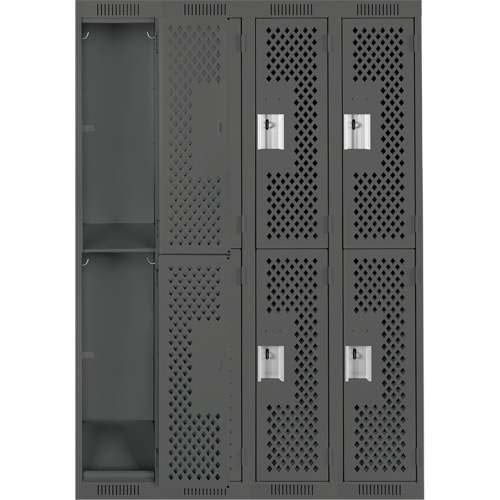 Clean Line Lockers, 2 -tier, Bank of 4, 48" x 15" x 72", Steel, Charcoal, Rivet (Assembled), Perforated Fastek