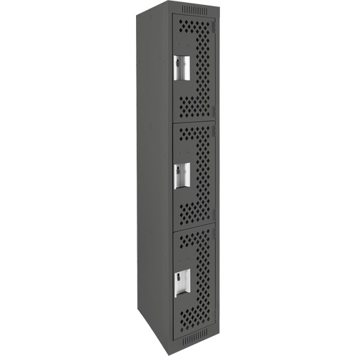 Clean Line Lockers, 3 -tier, 12" x 12" x 72", Steel, Charcoal, Rivet (Assembled), Perforated Fastek
