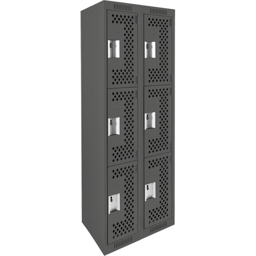 Clean Line Lockers, 3 -tier, Bank of 2, 24" x 12" x 72", Steel, Charcoal, Rivet (Assembled), Perforated Fastek