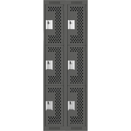 Clean Line Lockers, 3 -tier, Bank of 2, 24" x 12" x 72", Steel, Charcoal, Rivet (Assembled), Perforated Fastek