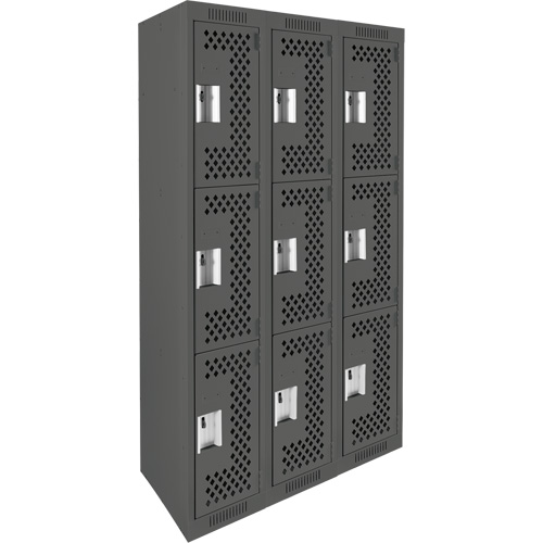 Clean Line Lockers, 3 -tier, Bank of 3, 36" x 12" x 72", Steel, Charcoal, Rivet (Assembled), Perforated Fastek