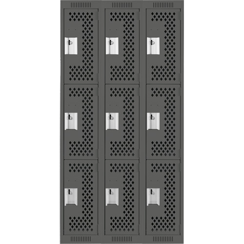 Clean Line Lockers, 3 -tier, Bank of 3, 36" x 12" x 72", Steel, Charcoal, Rivet (Assembled), Perforated Fastek